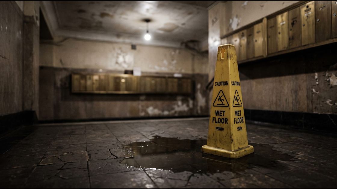 The lobby of an older New York apartment building with a wet floor cone beside a puddle under a leaking ceiling