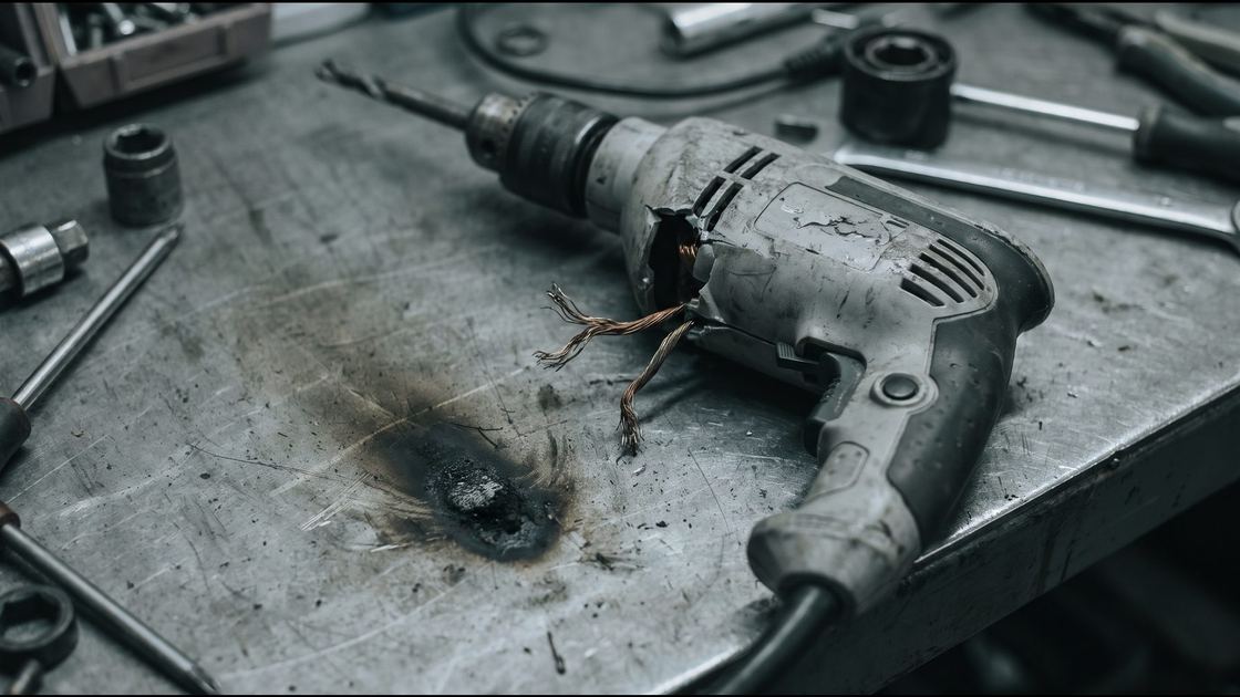 A disassembled power tool on a workshop bench with a cracked housing and an exposed frayed cable