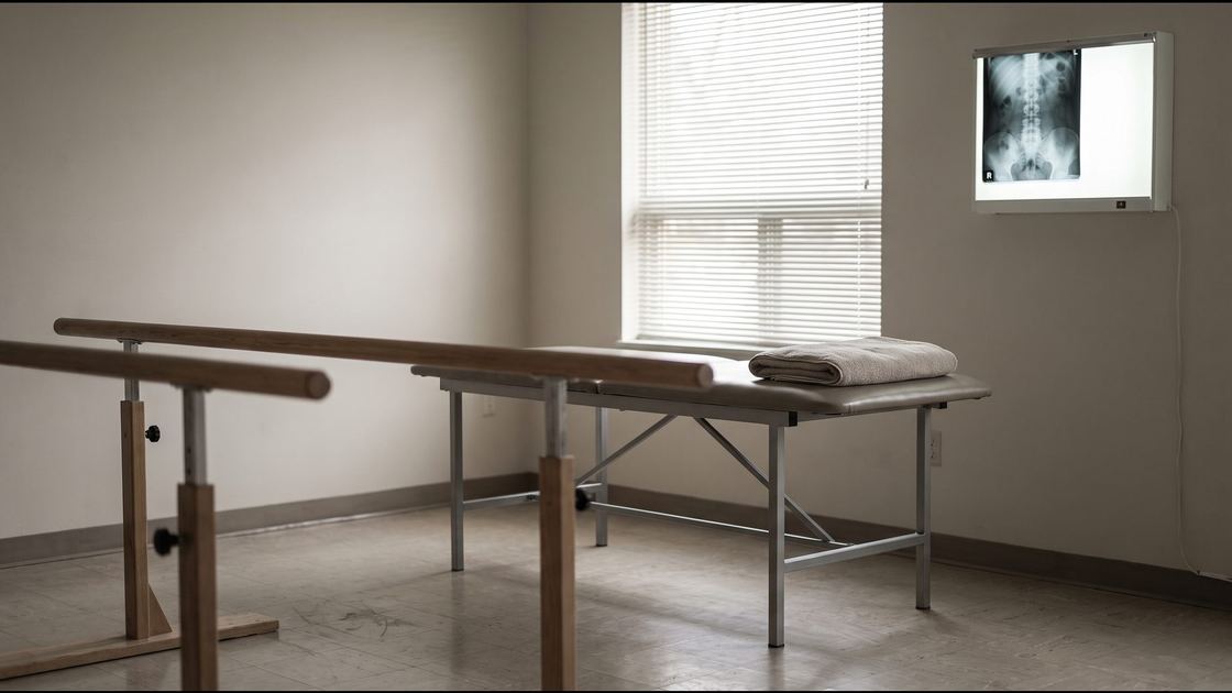 A physical therapy treatment room with parallel bars and an X-ray on the wall