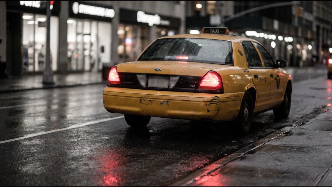 A New York yellow taxi stopped at a curb on a rainy evening with tail lights reflecting on wet asphalt