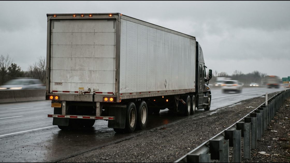 A tractor-trailer stopped on the shoulder of a New York expressway with hazard lights on