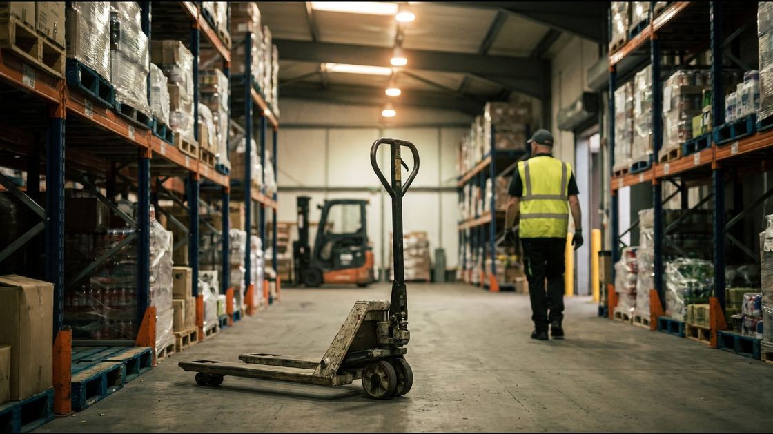 A warehouse loading bay with pallets and shelving racks and a hand truck left in the aisle