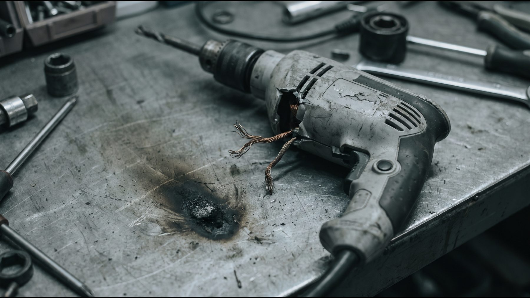 A disassembled power tool on a workshop bench with a cracked housing and an exposed frayed cable