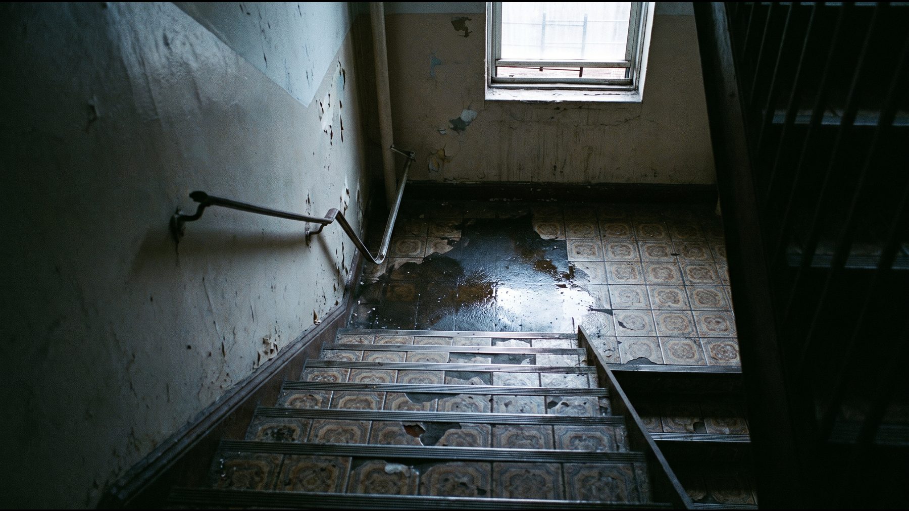 A worn tiled stairwell in an older New York building with a wet patch on the steps and a loose handrail