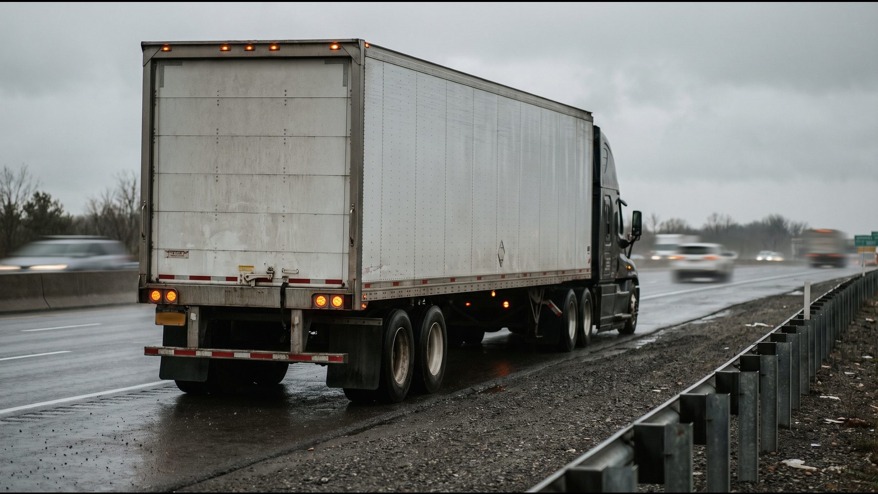A tractor-trailer stopped on the shoulder of a New York expressway with hazard lights on